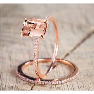 Fashion Rose Gold Ring Set Slim Princess Morganite Wedding Jewelry Size 9